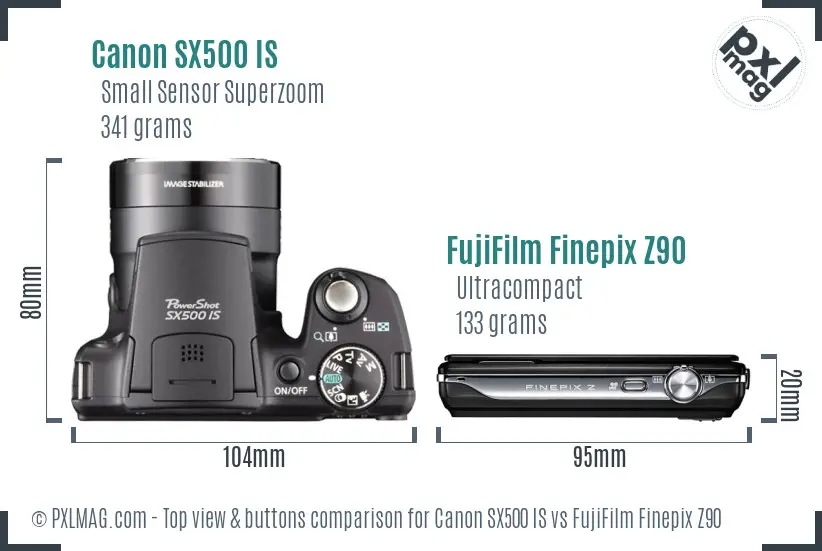 Canon SX500 IS vs FujiFilm Finepix Z90 top view buttons comparison