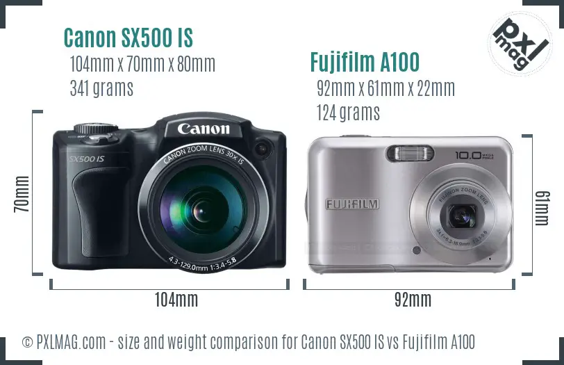 Canon SX500 IS vs Fujifilm A100 size comparison