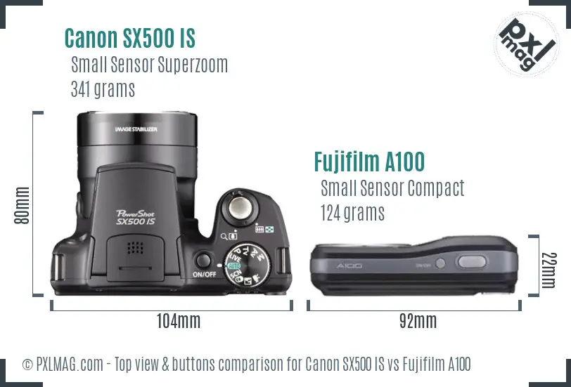 Canon SX500 IS vs Fujifilm A100 top view buttons comparison
