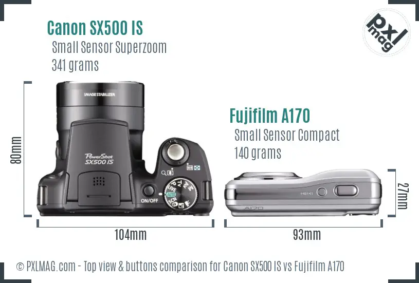 Canon SX500 IS vs Fujifilm A170 top view buttons comparison