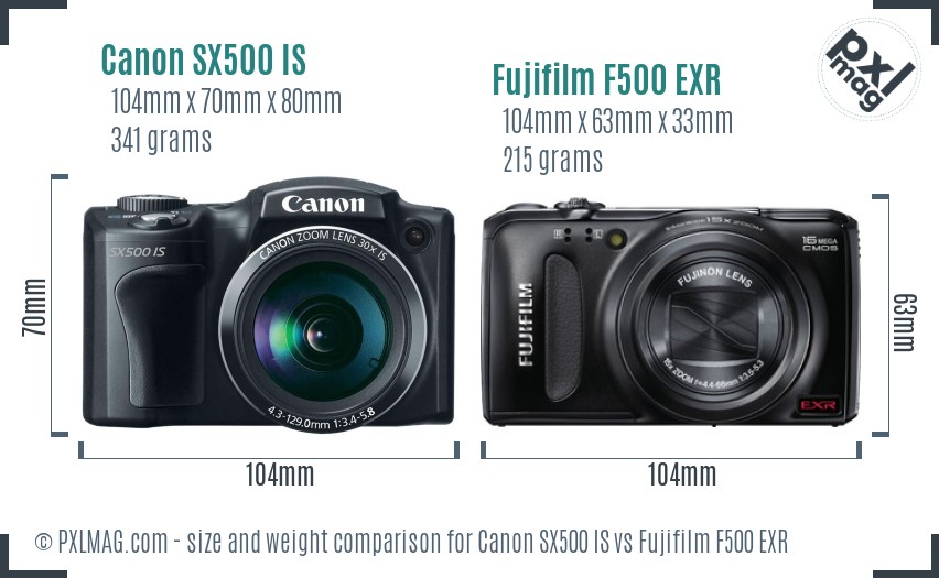 Canon SX500 IS vs Fujifilm F500 EXR size comparison