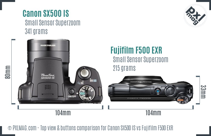 Canon SX500 IS vs Fujifilm F500 EXR top view buttons comparison