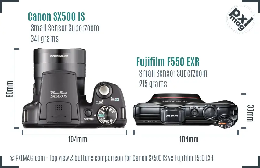 Canon SX500 IS vs Fujifilm F550 EXR top view buttons comparison