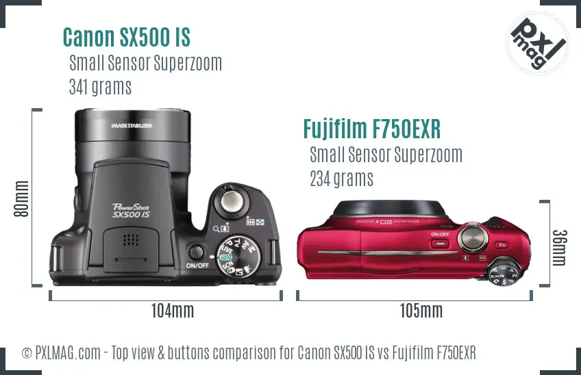 Canon SX500 IS vs Fujifilm F750EXR top view buttons comparison