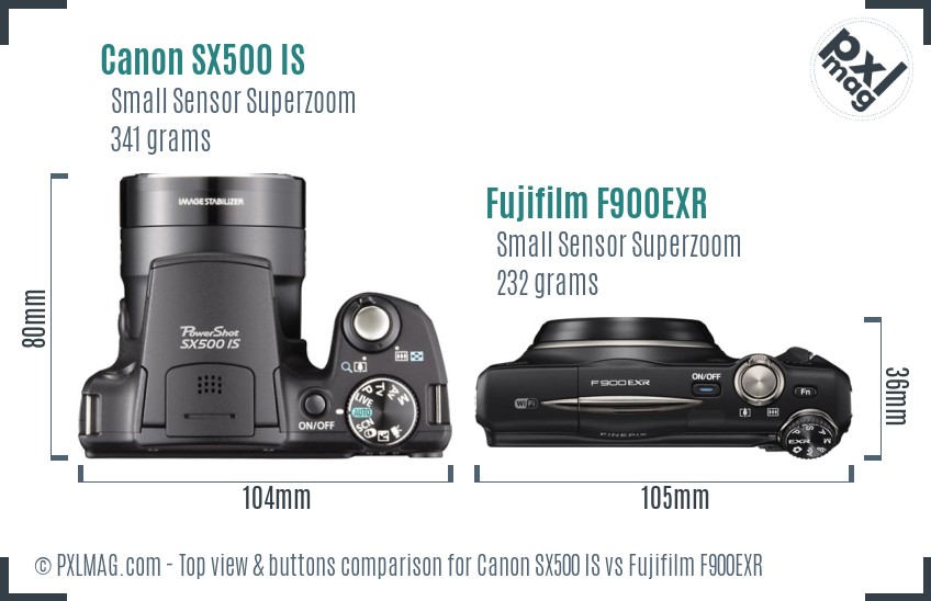 Canon SX500 IS vs Fujifilm F900EXR top view buttons comparison