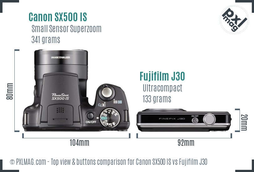 Canon SX500 IS vs Fujifilm J30 top view buttons comparison