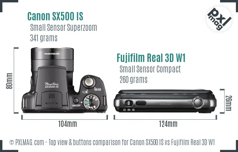 Canon SX500 IS vs Fujifilm Real 3D W1 top view buttons comparison