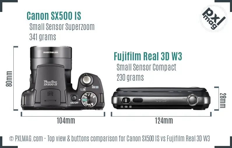 Canon SX500 IS vs Fujifilm Real 3D W3 top view buttons comparison
