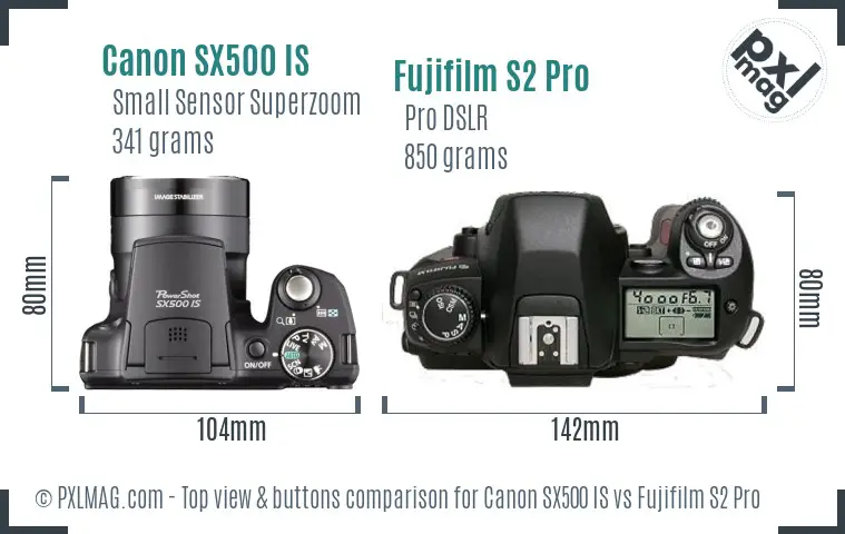 Canon SX500 IS vs Fujifilm S2 Pro top view buttons comparison Canon SX500 IS vs Fujifilm S2 Pro top view buttons comparison
