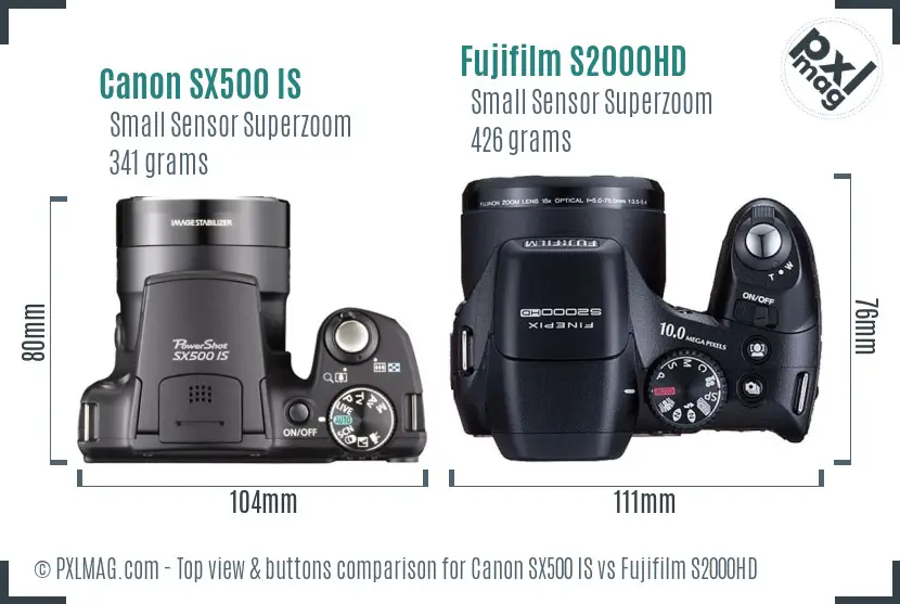 Canon SX500 IS vs Fujifilm S2000HD top view buttons comparison Canon SX500 IS vs Fujifilm S2000HD top view buttons comparison