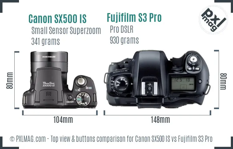 Canon SX500 IS vs Fujifilm S3 Pro top view buttons comparison