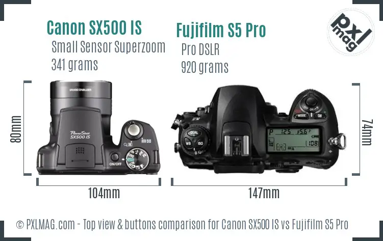 Canon SX500 IS vs Fujifilm S5 Pro top view buttons comparison Canon SX500 IS vs Fujifilm S5 Pro top view buttons comparison