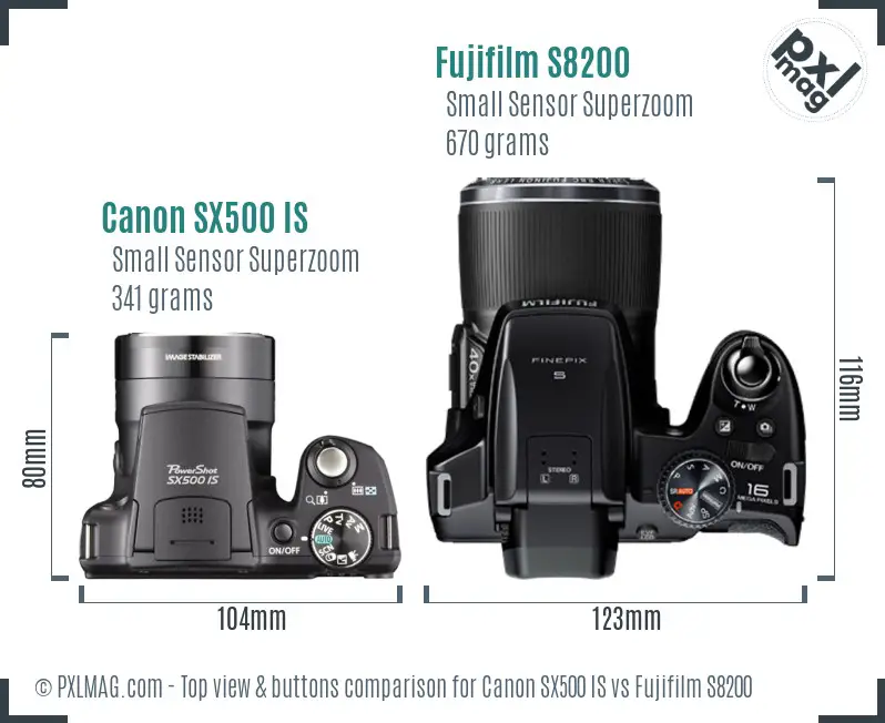 Canon SX500 IS vs Fujifilm S8200 top view buttons comparison