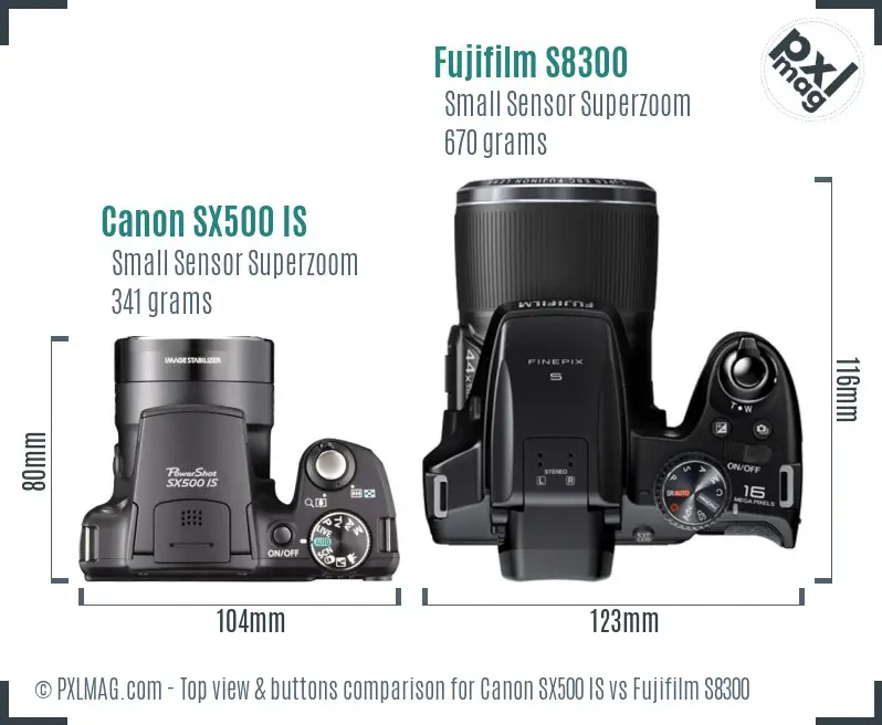 Canon SX500 IS vs Fujifilm S8300 top view buttons comparison