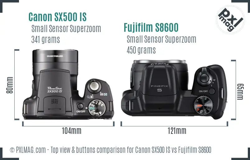 Canon SX500 IS vs Fujifilm S8600 top view buttons comparison