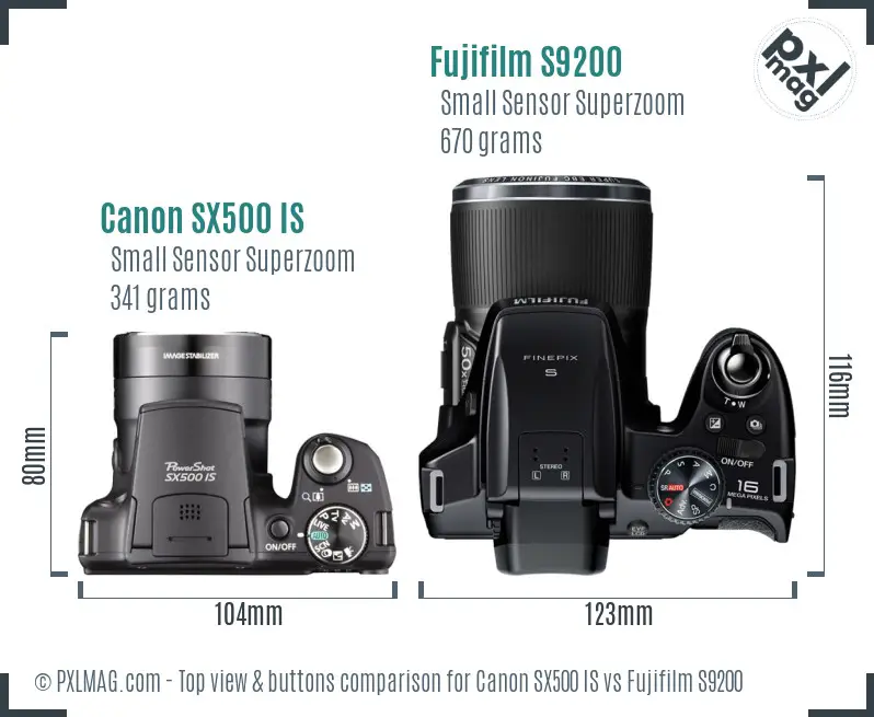 Canon SX500 IS vs Fujifilm S9200 top view buttons comparison