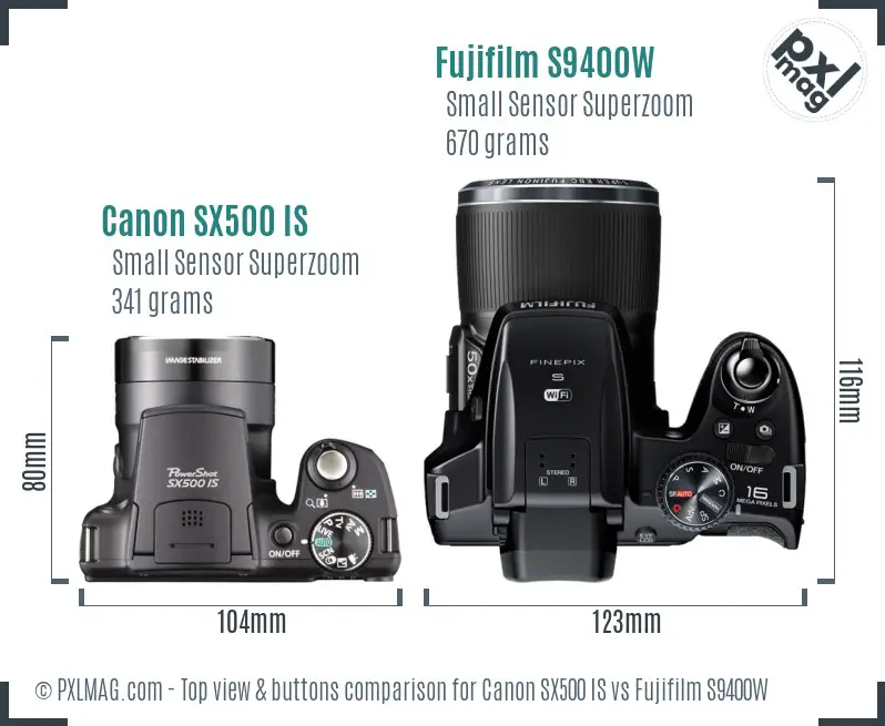 Canon SX500 IS vs Fujifilm S9400W top view buttons comparison