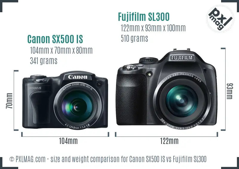 Canon SX500 IS vs Fujifilm SL300 size comparison