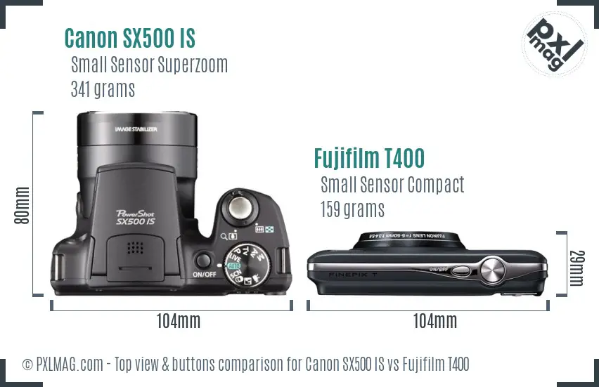 Canon SX500 IS vs Fujifilm T400 top view buttons comparison Canon SX500 IS vs Fujifilm T400 top view buttons comparison