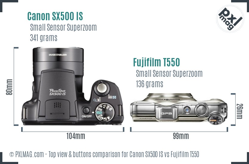 Canon SX500 IS vs Fujifilm T550 top view buttons comparison