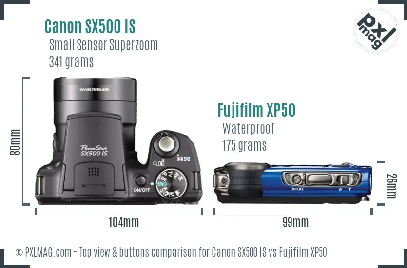 Canon SX500 IS vs Fujifilm XP50 top view buttons comparison