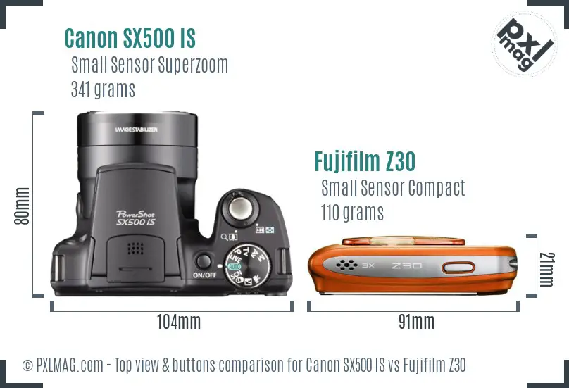 Canon SX500 IS vs Fujifilm Z30 top view buttons comparison