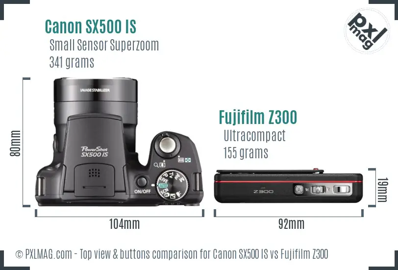 Canon SX500 IS vs Fujifilm Z300 top view buttons comparison