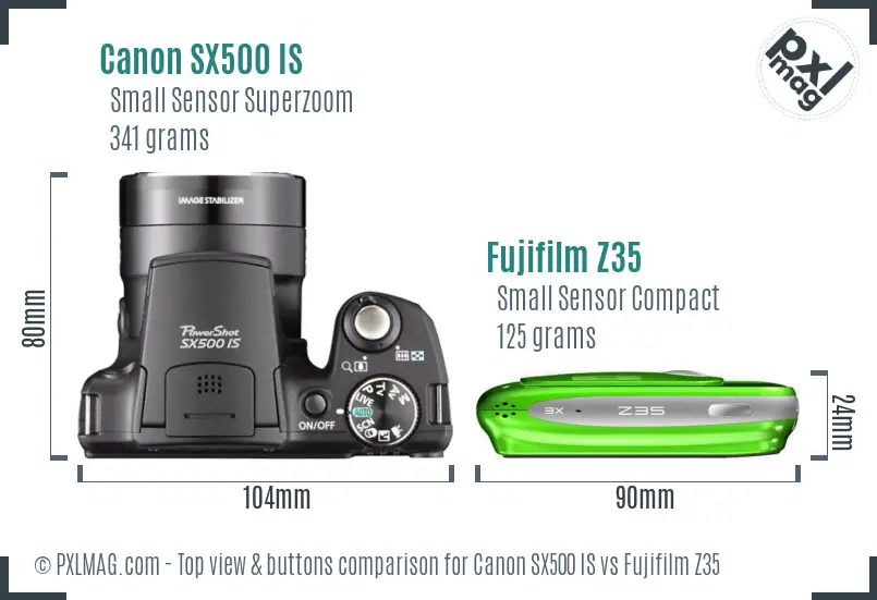 Canon SX500 IS vs Fujifilm Z35 top view buttons comparison Canon SX500 IS vs Fujifilm Z35 top view buttons comparison