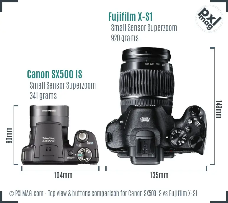 Canon SX500 IS vs Fujifilm X-S1 top view buttons comparison