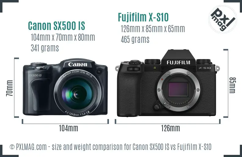 Canon SX500 IS vs Fujifilm X-S10 size comparison