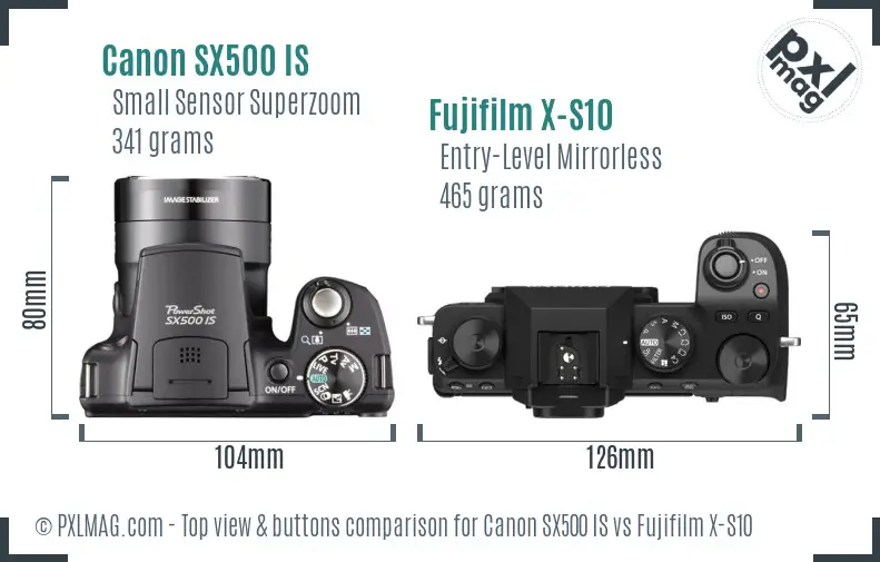 Canon SX500 IS vs Fujifilm X-S10 top view buttons comparison