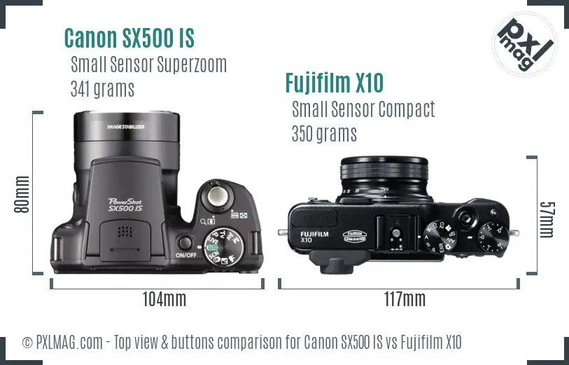 Canon SX500 IS vs Fujifilm X10 top view buttons comparison