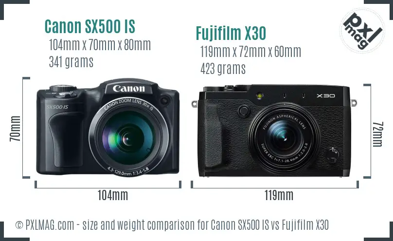 Canon SX500 IS vs Fujifilm X30 size comparison