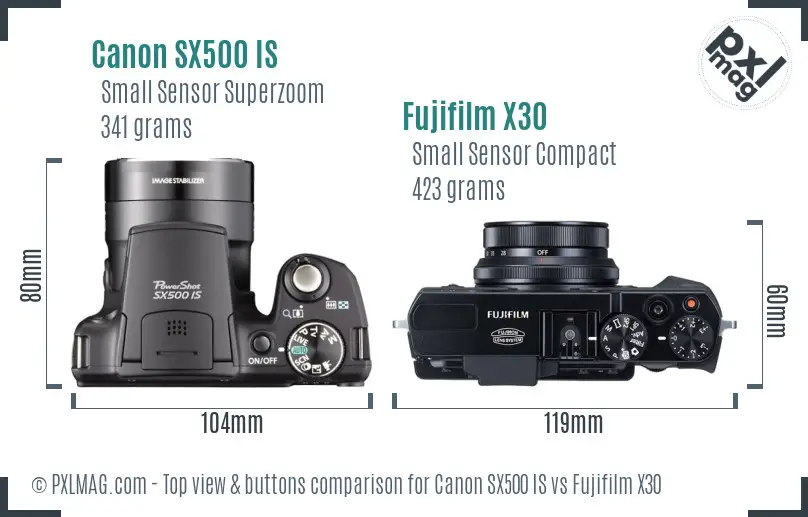 Canon SX500 IS vs Fujifilm X30 top view buttons comparison