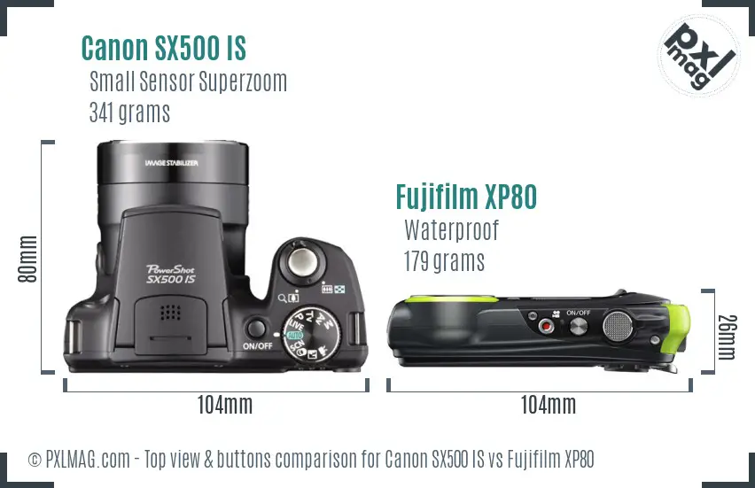 Canon SX500 IS vs Fujifilm XP80 top view buttons comparison