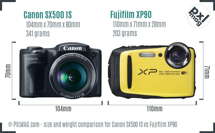 Canon SX500 IS vs Fujifilm XP90 size comparison