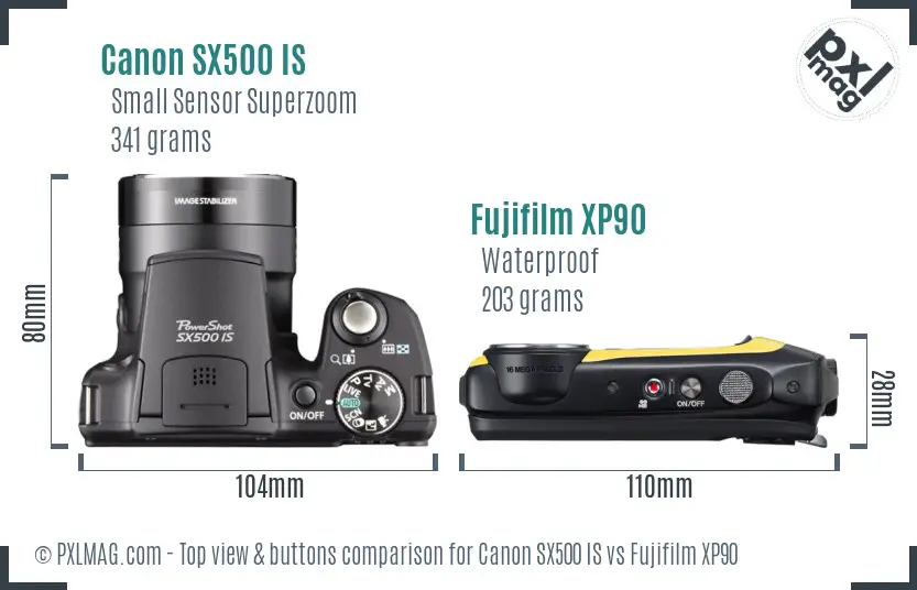 Canon SX500 IS vs Fujifilm XP90 top view buttons comparison