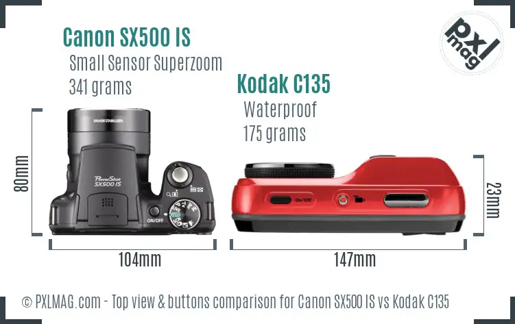 Canon SX500 IS vs Kodak C135 top view buttons comparison