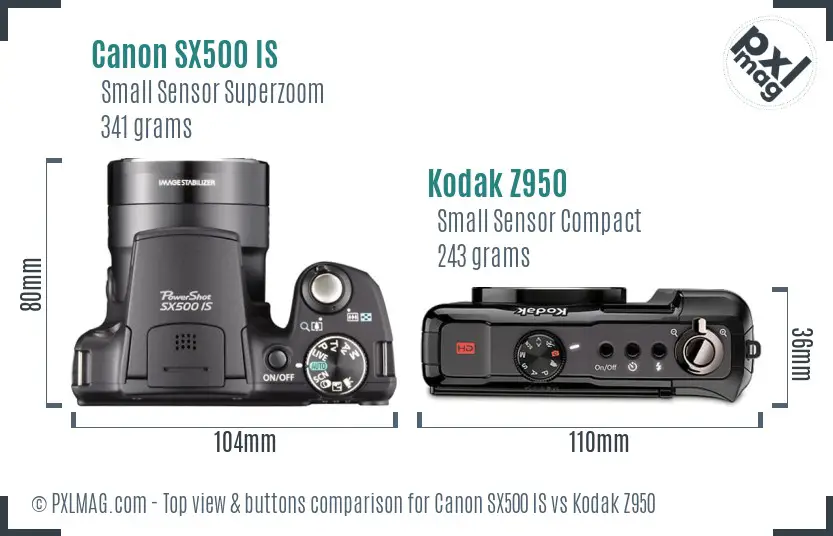 Canon SX500 IS vs Kodak Z950 top view buttons comparison