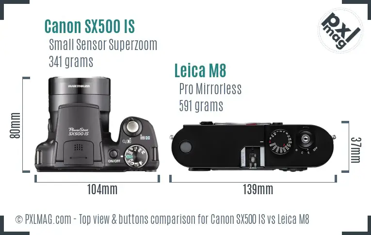 Canon SX500 IS vs Leica M8 top view buttons comparison
