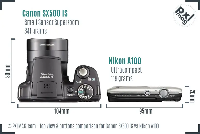 Canon SX500 IS vs Nikon A100 top view buttons comparison