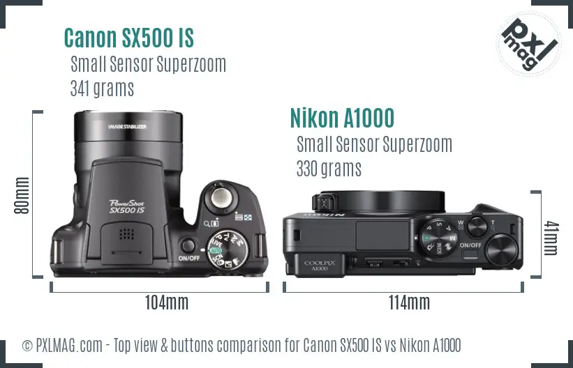 Canon SX500 IS vs Nikon A1000 top view buttons comparison