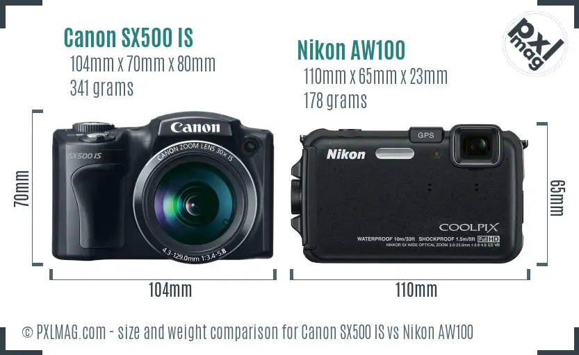 Canon SX500 IS vs Nikon AW100 size comparison