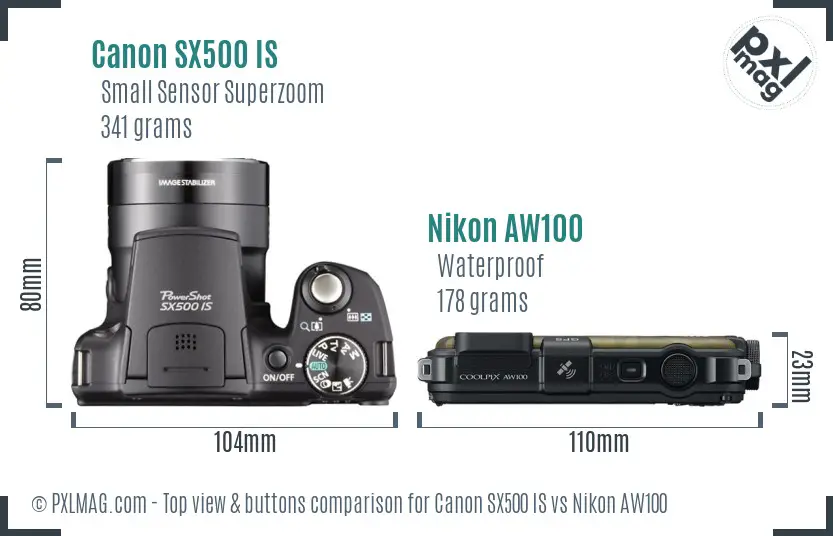 Canon SX500 IS vs Nikon AW100 top view buttons comparison