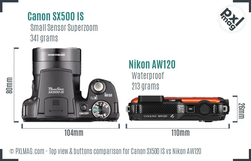 Canon SX500 IS vs Nikon AW120 top view buttons comparison Canon SX500 IS vs Nikon AW120 top view buttons comparison