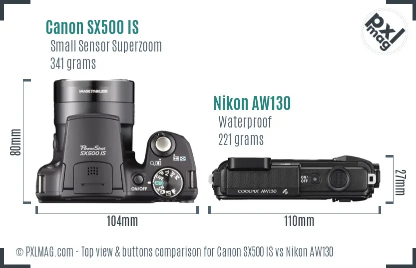Canon SX500 IS vs Nikon AW130 top view buttons comparison