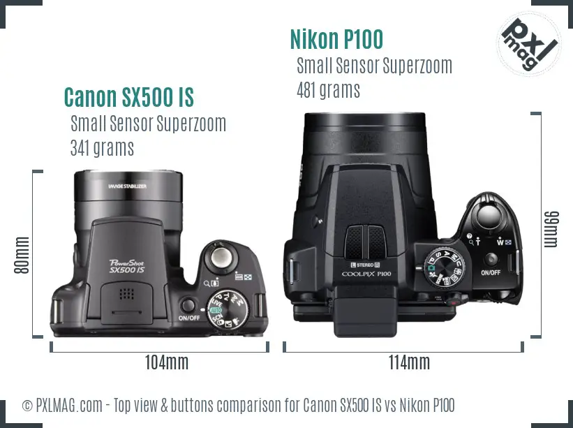 Canon SX500 IS vs Nikon P100 top view buttons comparison