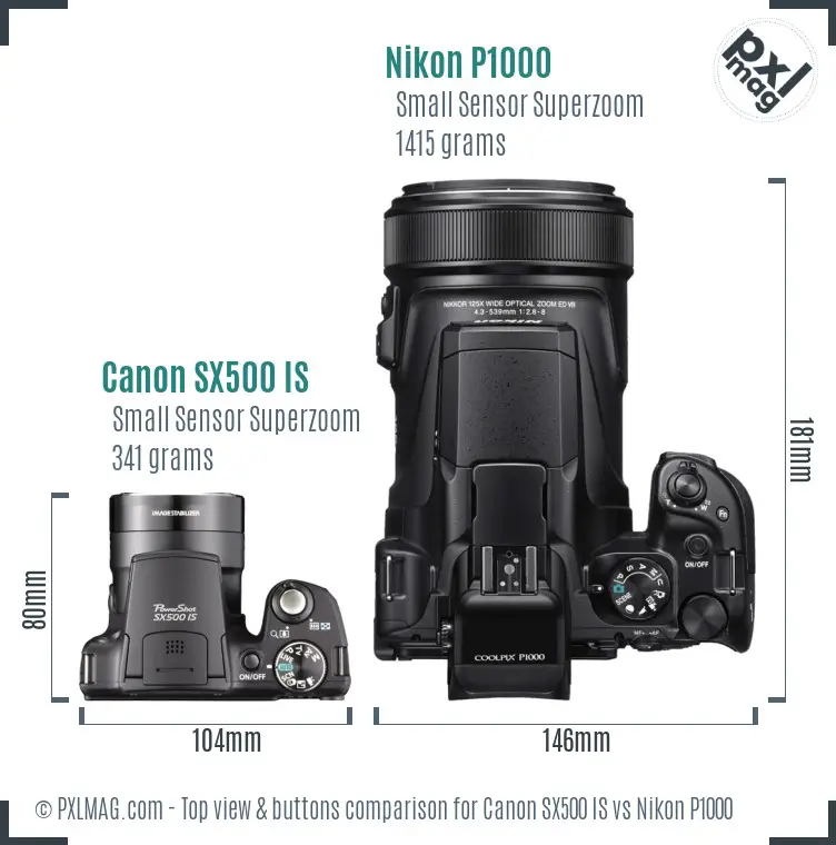 Canon SX500 IS vs Nikon P1000 top view buttons comparison