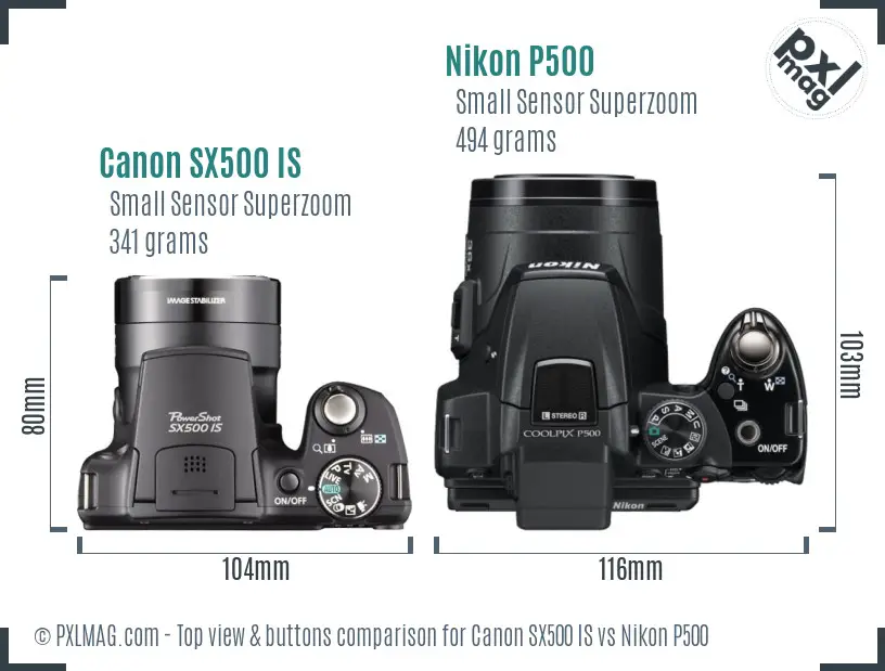 Canon SX500 IS vs Nikon P500 top view buttons comparison