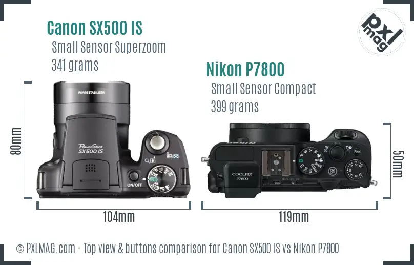 Canon SX500 IS vs Nikon P7800 top view buttons comparison Canon SX500 IS vs Nikon P7800 top view buttons comparison